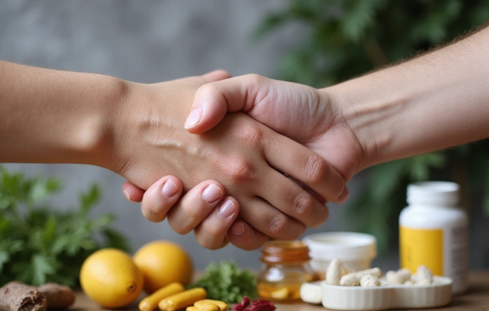 Mani che si stringono in segno di fiducia e supporto, con un leggero sfondo sfocato di erbe medicinali e integratori.