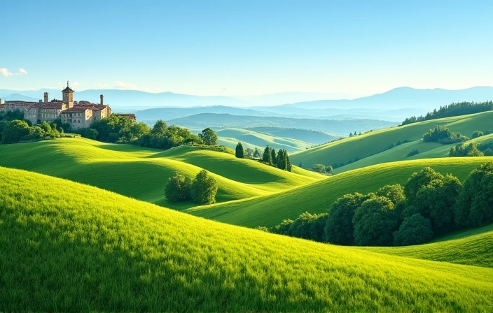 Panoramica della campagna Umbra, un campo verde con colline e in lontananza un piccolo borgo, che simboleggia la natura e le origini dell'azienda.