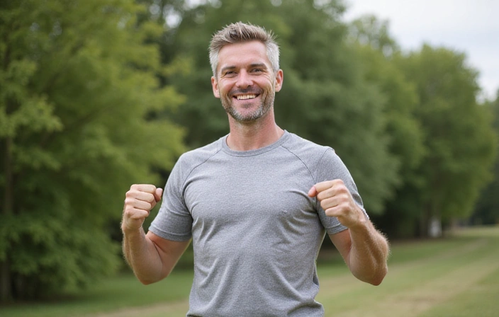 Un uomo sorridente e in salute che fa esercizio all'aperto, simbolo di benessere e vitalità.