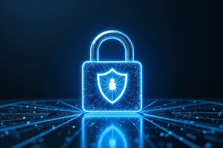 Un'immagine che mostra un lucchetto digitale con uno scudo, simboleggiando la protezione avanzata dei dati e le misure di sicurezza informatica.